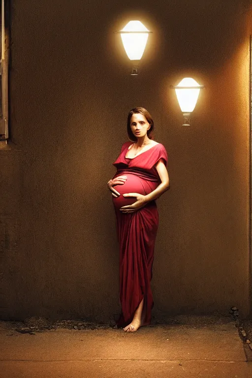 Image similar to pregnant woman under street light, highly detailed, sharp focused, ultra realistic digital concept art by Steve Mccurry