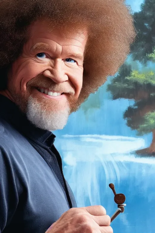 Image similar to Bob Ross ready to fight against the Artificial Intelligence