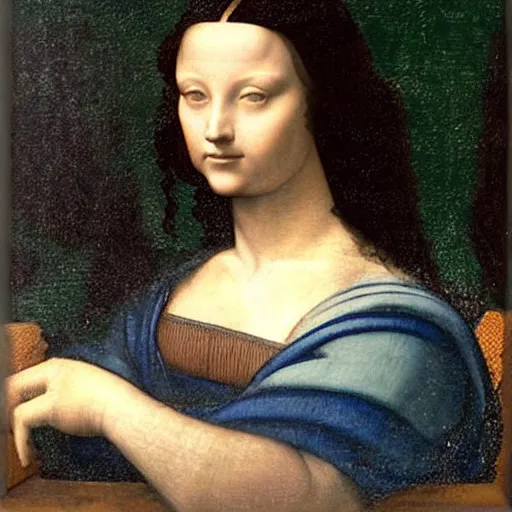 Image similar to young woman from the year 1 5 0 0, seated in front of a landscape background, her black hair is fine curly, she wears a dark green dress pleated in the front with yellow sleeves, puts her right hand on her left hand and smiles slightly, oil painting in style of leonardo da vinci