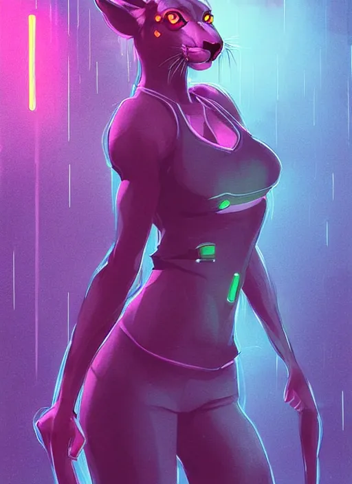 Image similar to beautiful portrait commission of a female furry anthro mountain lion wearing gym clothes. Cyberpunk city at night in the rain. Neon light. Atmospheric. Character design by charlie bowater, ross tran, artgerm, and makoto shinkai, detailed, inked, western comic book art