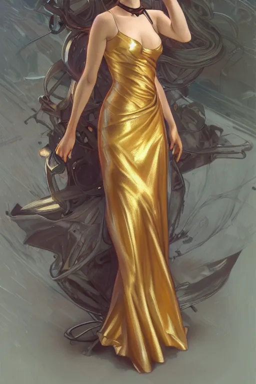 Image similar to a girl wearing a golden dress, grey hair, red necktie, cinematic, stunning, highly detailed, digital painting, artstation, smooth, hard focus, full body shot, illustration, art by artgerm and greg rutkowski and alphonse mucha