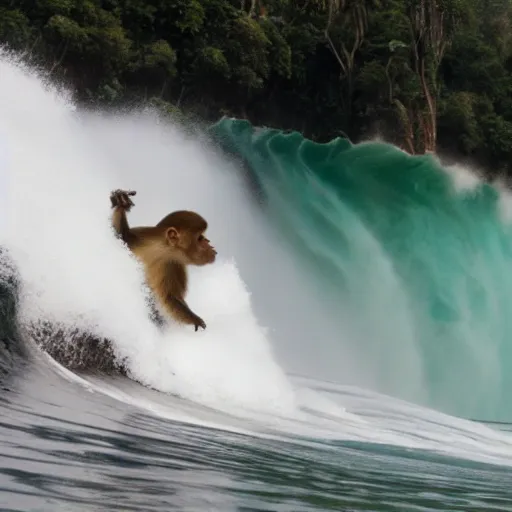 Prompt: monkey surfing a big wave