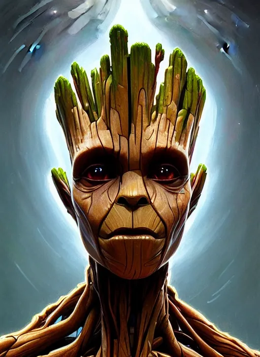 Image similar to symmetry!! portrait of groot, intricate, elegant, highly detailed, digital painting, artstation, concept art, smooth, sharp focus, illustration, art by artgerm and greg rutkowski and alphonse mucha