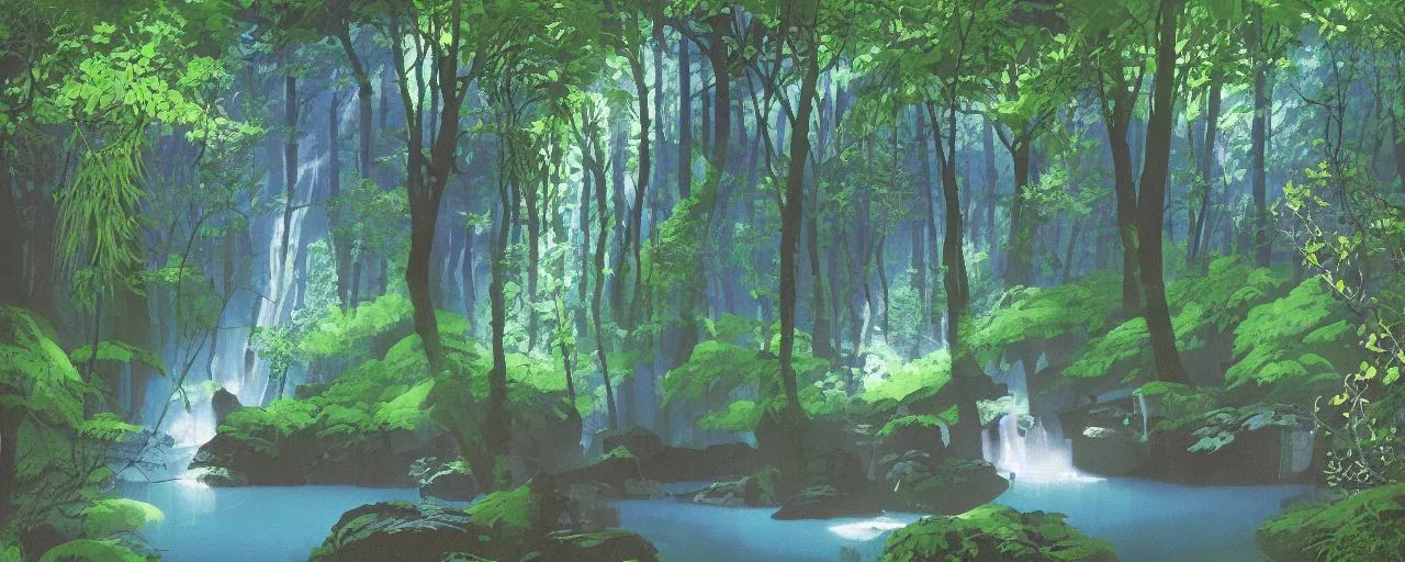 Prompt: deep forest, small rainbow river waterfall, light shimmering, water mists, big medium and small stones, wild flowers, subtle color variantions, summer rain, gentle mists, a white robed benevolent magician clothed in a royal garment in contemplation and meditation casts a benevolent white magic spell, by Eyvind Earle and Mary Blair