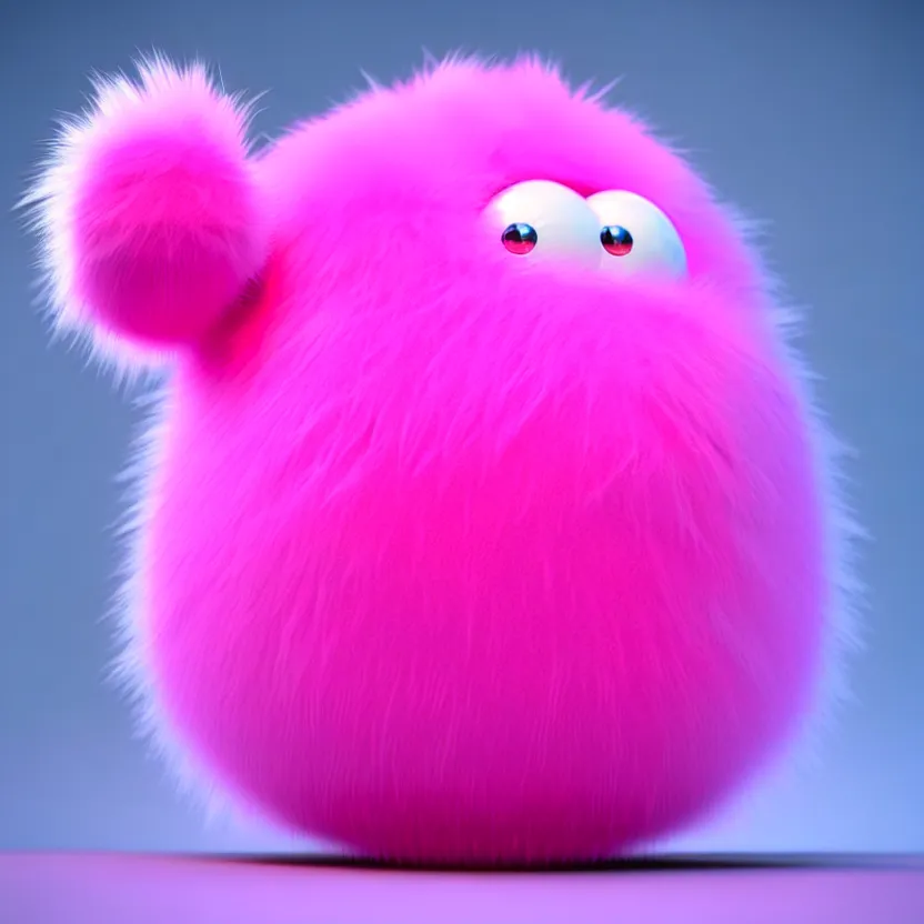 Image similar to high quality 3 d render hyperrealistic very cute big pink little spherical creature, plush mascot, short spiky dense fluffy smooth hair, isometric 3 d, pink fluffy fur, 1 5 0 mm, beautiful natural soft light, rim light, smooth background, artstation, ultra detailed, elegant, ultra detailed, metallic armor, octane render