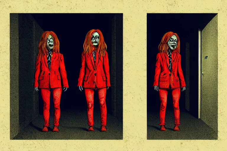 Prompt: scary ginger twin girls standing in an haunted endless hallway, illustration, horror, dark, dramatic lighting, digital art, unique, trending on artstation, artistic, symmetrical, inspired by wes anderson