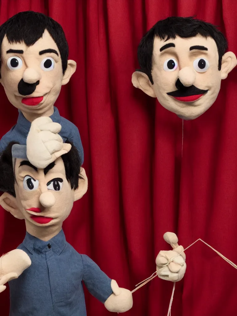 Image similar to close up photograph of nathan fielder from nathan for you behind a puppet stage with a red curtain controlling a single marionette by the strings, high detail, 8 k, photorealism, sharp focus, volumetric lighting