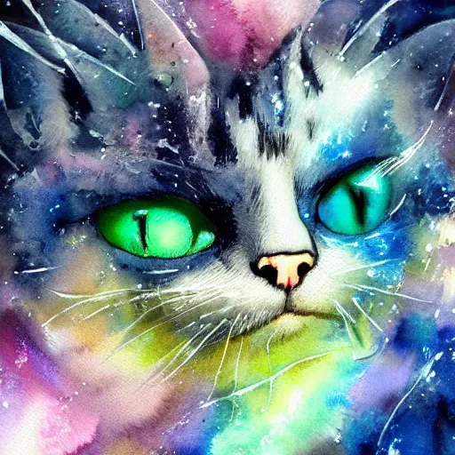 Image similar to cat, virus, antibodies in space. watercolor. amazing painting. high resolution. highly realistic. cool tones. close - up. 8 k. trending on artstation.