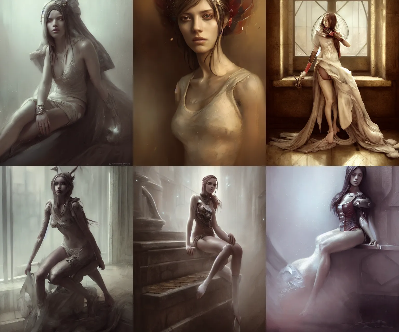 Prompt: bastien lecouffe deharme and wlop portrait digital painting of a beautiful girl wearing high fashion clothing, sitting on a grand staircase, unreal engine, hyper realism, realistic shading, cinematic composition, blender render, octane render, hdr, detailed textures, photorealistic, ultrawide shot, 3 5 mm film, art by ghibli