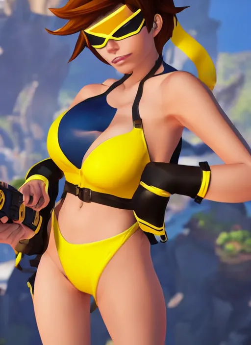 Image similar to tracer game character, in yellow bikini, blonde hair, black eyes, full height