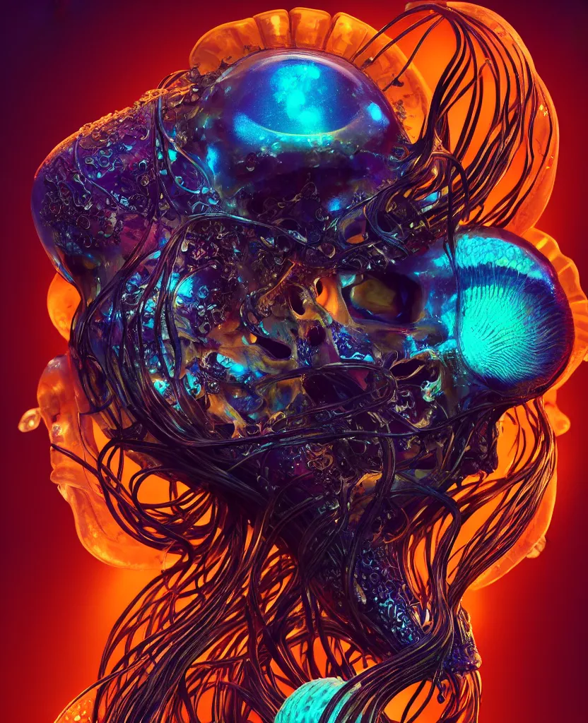 Image similar to goddess close-up portrait animal skull. jellyfish phoenix head, nautilus, orchid, skull, betta fish, bioluminiscent creatures, intricate artwork by Tooth Wu and wlop and beeple. octane render, trending on artstation, greg rutkowski very coherent symmetrical artwork. cinematic, hyper realism, high detail, octane render, 8k