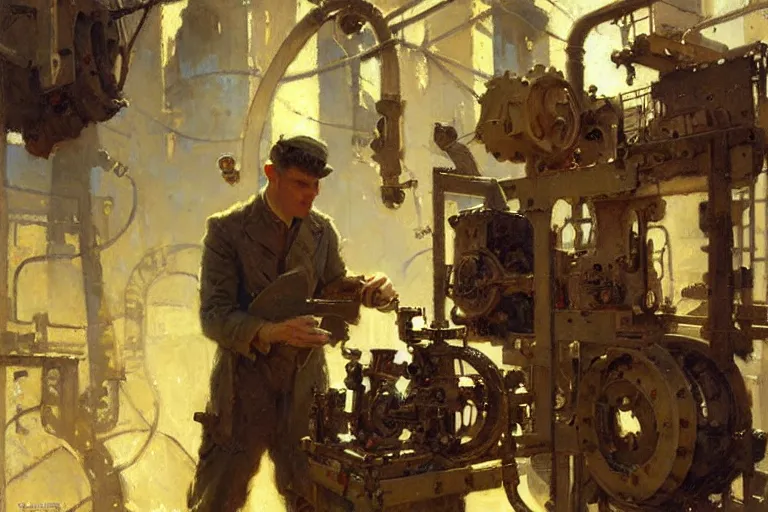 Image similar to male repairing machine, dieselpunk, painting by gaston bussiere, craig mullins, j. c. leyendecker