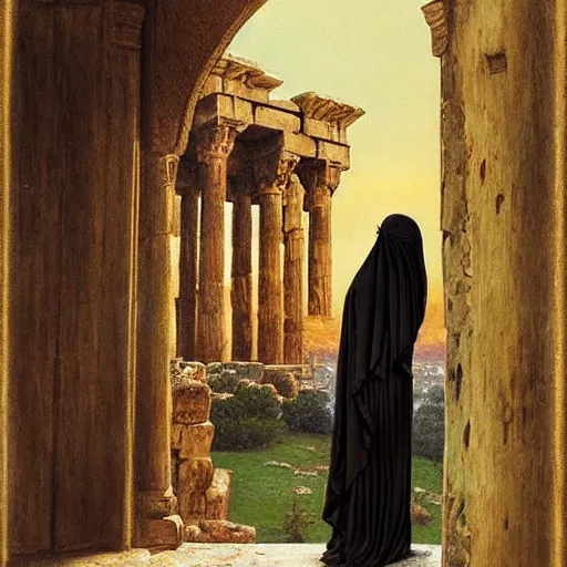 Prompt: Beautiful Arabian woman with a veil looking out of her arabian balcony towards greek ruins of temples at dawn. Painting by gustave dore. Colored painting. Detailed photorealistic painting with dark background.