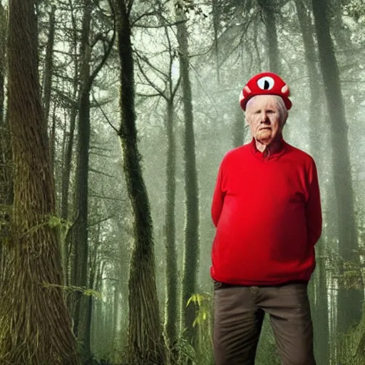 Prompt: david attenborough crawling on the ground, eyes rolled back, wearing red clothes, solid red super mario hat, eating a big red mushroom with white dots, in a forest