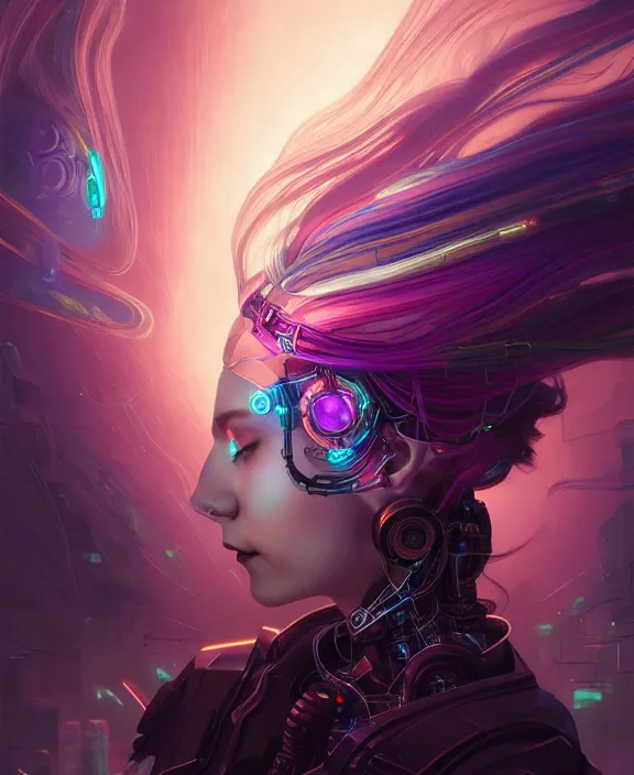 Image similar to whirlwind souls rushing inside metaverse, half body, glowin eyes, tiara, robotic, android, cyborg, cyberpunk face, by loish, d & d, fantasy, intricate, elegant, highly detailed, colorful, vivid color, digital painting, artstation, concept art, art by artgerm and greg rutkowski and alphonse mucha and ruan jia