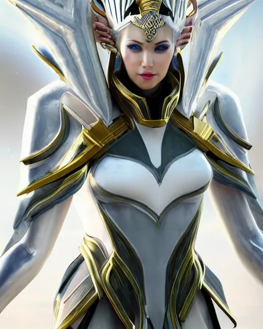 Image similar to perfect white haired attractive egyptian goddess, warframe armor, pharaoh headdress, beautiful, symmetric, dreamy, half asian, pretty face, green eyes, charlize theron, detailed, scifi platform, laboratory, experiment, 4 k, ultra realistic, epic lighting, android body, illuminated, cinematic, masterpiece, art by akihito tsukushi, voidstar