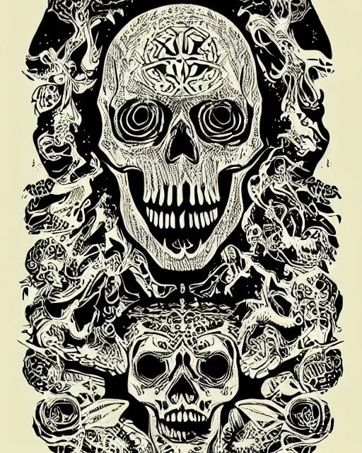Prompt: an intricate exploding skull, screen print, art by Gustavo Bernal, Garavato