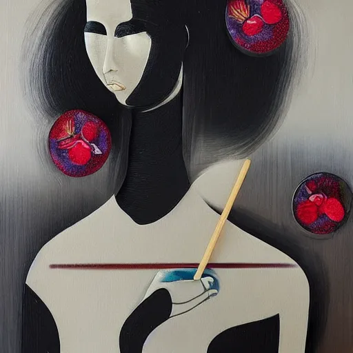 Image similar to “art in an Australian artist’s apartment, portrait of a woman wearing black silk cloth, eating luscious fresh raspberries and strawberries and blueberries, white wax, edible flowers, Japanese pottery, Australian native flannel flowers ikebana, black walls, acrylic and spray paint and oilstick on canvas”