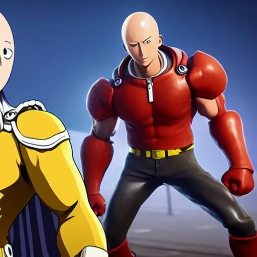 Image similar to one punch man in fortnite, character render, full body shot, highly detailed, in game render