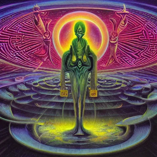 Image similar to hermetic, occult, surreal, hidden knowledge by Paul Lehr, Karl Kopinski and Alex Grey