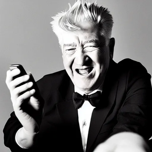 Image similar to David Lynch holding a phone laughing