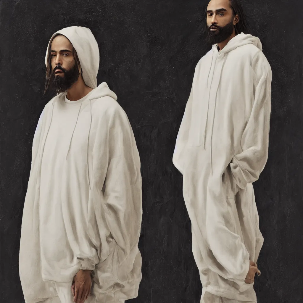 Image similar to a full body lookbook portrait of modern - day jesus wearing cream jerry lorenzo fear of god menswear collection by nicola samori, hat and hoodie, detailed, oil painting, hyper realistic, 8 k, yeezy collection