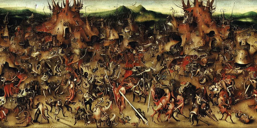 Image similar to a fantasy monster fighting an army of knights as drawn by hieronymus bosch, oil painting, highly detailed