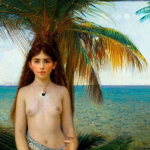 Image similar to a ultradetailed beautiful painting of a girl in the amazonas palace designed by jules bastien - lepage, hans belmer, frank weston and gustave baumann, beach, trending on artstation, mediterranean, palm trees, refracted color sparkles, sharp focus, soft light, 8 k 4 k