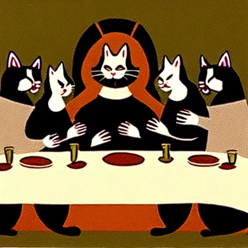 Image similar to the last supper but instead it's cats