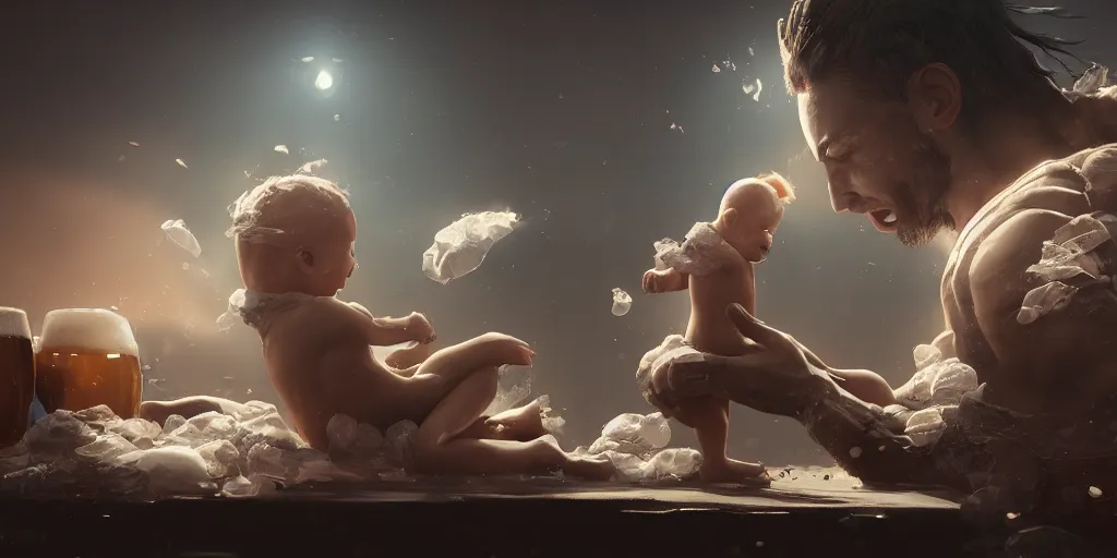 Prompt: beer and diapers, dim volumetric lighting, 8 k octane beautifully detailed render, post - processing, extremely hyper - detailed, intricate, epic composition, cinematic lighting, masterpiece, trending on artstation, detailed detailed detailed, masterpiece, stunning art, wonderful masterpiece, beautiful cinematic light