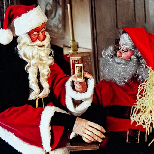 Prompt: nosferatu sharing a string of spaghetti with santa claus, holding hands, heartwarming emotional image, photograph