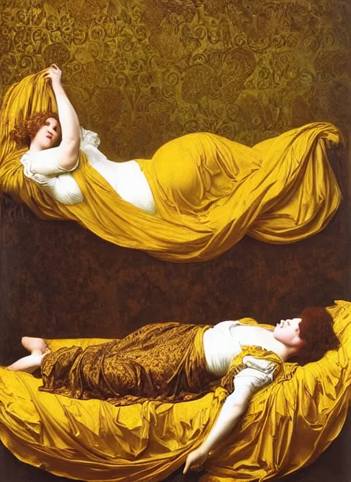 Image similar to masterpiece portrait of lady reclining on bed, rococo flowing cloth in wind raising twisting rising sheets floating in wind flying, wearing yellow ochre ornate medieval dress, vertical, foreshortening, colour photography by frederic leighton, william morris, 8 k