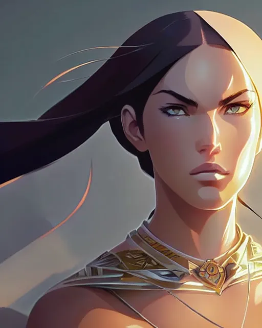 Image similar to azctec warrior, megan fox, gemstone forehead, detailed perfect face, exquisite details, fire magic, mid view, design on a white background, by studio muti, greg rutkowski makoto shinkai takashi takeuchi studio ghibli