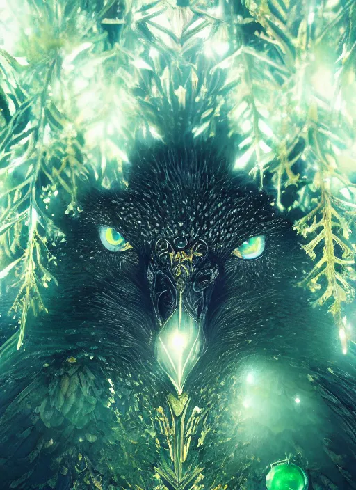 Image similar to best book cover design, glowing silver and golden elements, full close-up portrait of realistic crow with gems, book cover, green forest, white moon, establishing shot, extremly high detail, photo-realistic, cinematic lighting, by Yoshitaka Amano, Ruan Jia, Kentaro Miura, Artgerm, post processed, concept art, artstation, matte painting, style by eddie mendoza, raphael lacoste, alex ross