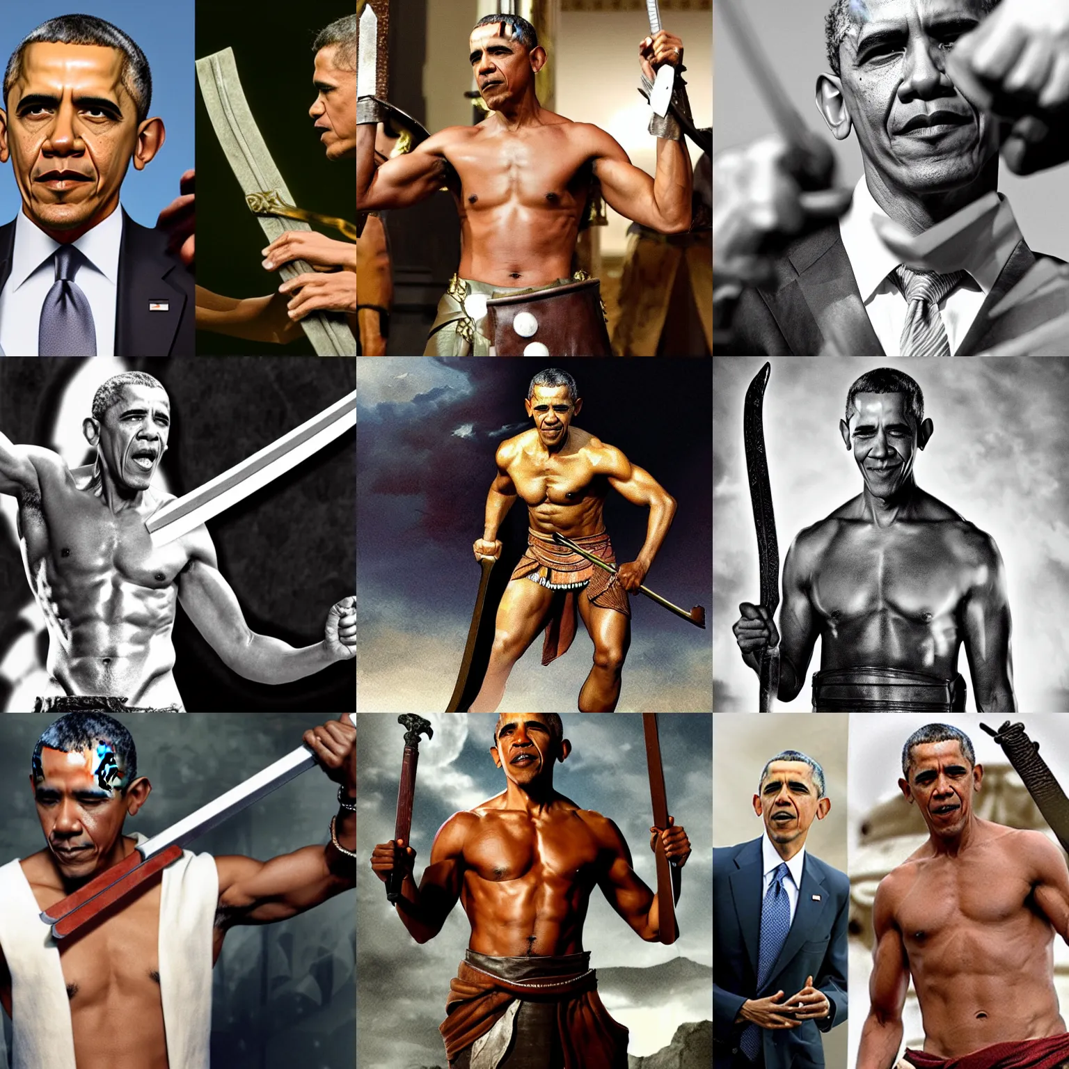 Prompt: obama as a character from spartacus, muscular chest, wielding sword and shield