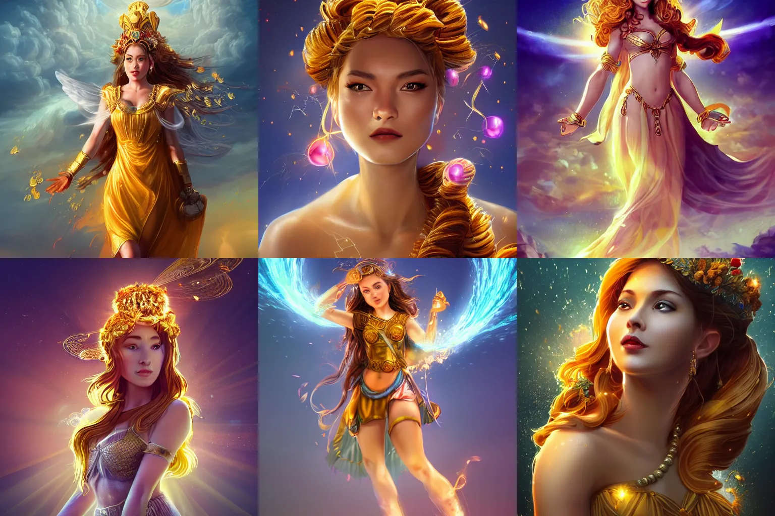 Prompt: a beautiful female goddess of honey character, character is in all its glory, character is centered on the image, character is in heroic natural pose, rim lights, honey in the air, fancy clouds, highly detailed professional photo, dynamic lights, particles are flying, depth of field, trending on artstation, illustration, hyper realistic, vray caustics, super detailed, colorful accents, cinematic shot