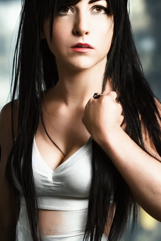 Image similar to photo of Tifa Lockheart in real life, headshot, detailed, award winning, shallow focus