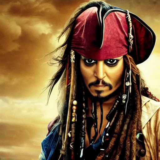 Image similar to Natalie Portman as Captain Jack Sparrow (Pirates of the Caribbean), dramatic cinematic portrait, rain