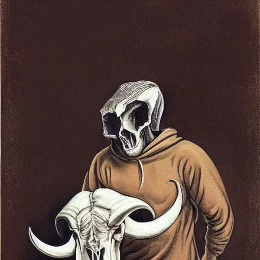 Prompt: man in a hoodie with a ram skull for a head