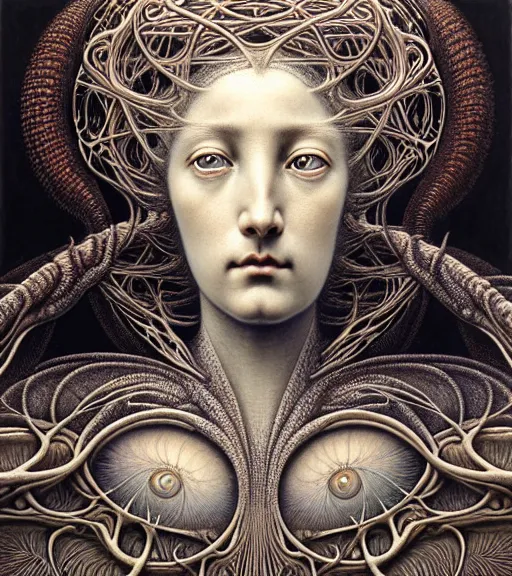 Image similar to detailed realistic beautiful eye goddess face portrait by jean delville, gustave dore, iris van herpen and marco mazzoni, art forms of nature by ernst haeckel, art nouveau, symbolist, visionary, gothic, neo - gothic, pre - raphaelite, fractal lace, intricate alien botanicals, ai biodiversity, surreality, hyperdetailed ultrasharp octane render