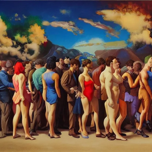 Image similar to riotous by alex alemany, by frank frazetta. a beautiful print of a group of people standing in a line. they are all facing the same direction & appear to be waiting for something.