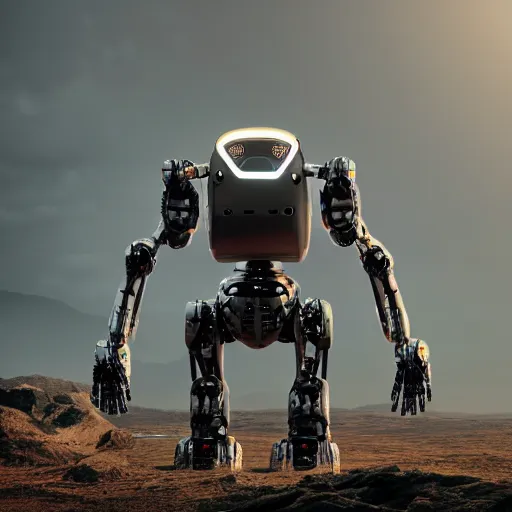 Prompt: A large robotic creature looking down at a single tiny human, dramatic lighting, dark skies, 8k, highly detailed render