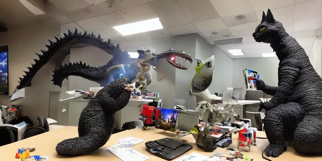 Prompt: photo of a cat playing wiht a toy of godzilla in an office workspace on a desk of a visual effects artist