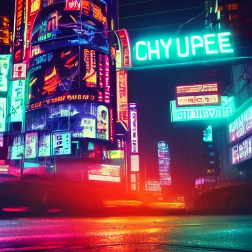 Image similar to cyberpunk city scene at night with colorful neon lit rainy streets and signs with a flamingo, film still