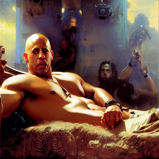 Image similar to vin diesel is in his bed, nervous and terrified, because a paul walker from hell is attacking him. highly detailed painting by gaston bussiere, j. c. leyendecker, greg rutkowski, craig mullins 8 k