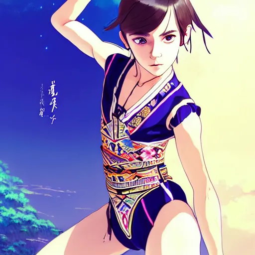 Image similar to a beautiful boyish emma watson alluring instagram model, wearing elaborate japanese hiphop leotard outfit with mayan pattern and native fashion, aztec street fashion bathing suit, jrpg fashion, gapmoe yandere grimdark, trending on pixiv fanbox, painted by greg rutkowski makoto shinkai takashi takeuchi studio ghibli, akihiko yoshida