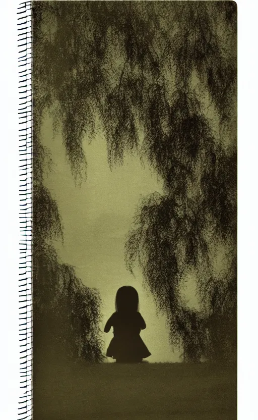 Prompt: silhouette of little girl sitting on a weeping willow tree, book cover