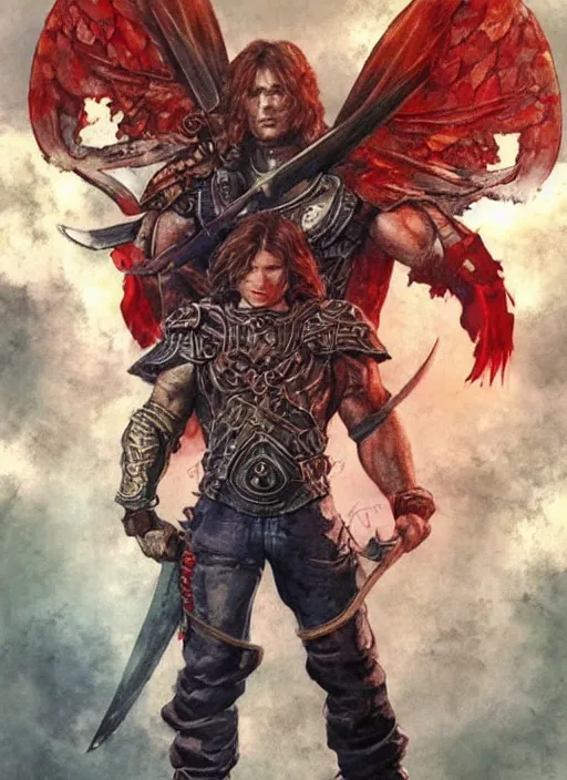 Image similar to high Fantasy Sam Winchester is a muscular armoured angel holding swords angei wings wide open, teared apart T-Shirt and jeans, red Sneakers, whole body tattooed with runes and satanic symbols, D&D!, fantasy style, sharp focus!, ultra detailed, art by Artgerm and Peter Andrew Jones, WLUP