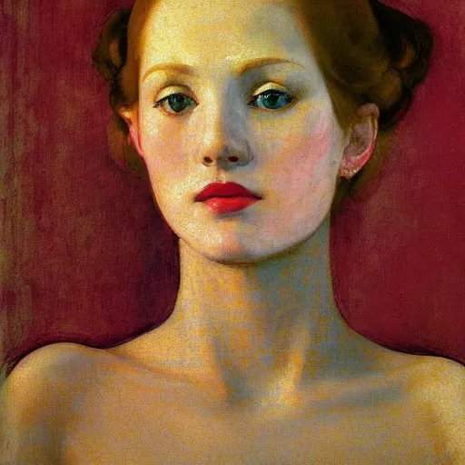 Image similar to a beautiful girl's face made of ivory and gold filigree, film still by edward hopper, by Pontormo, by klimt, pre-raphaelite. art noveau, art noveau, highly detailed, strong lights, liminal, eerie, Bright pastel colors