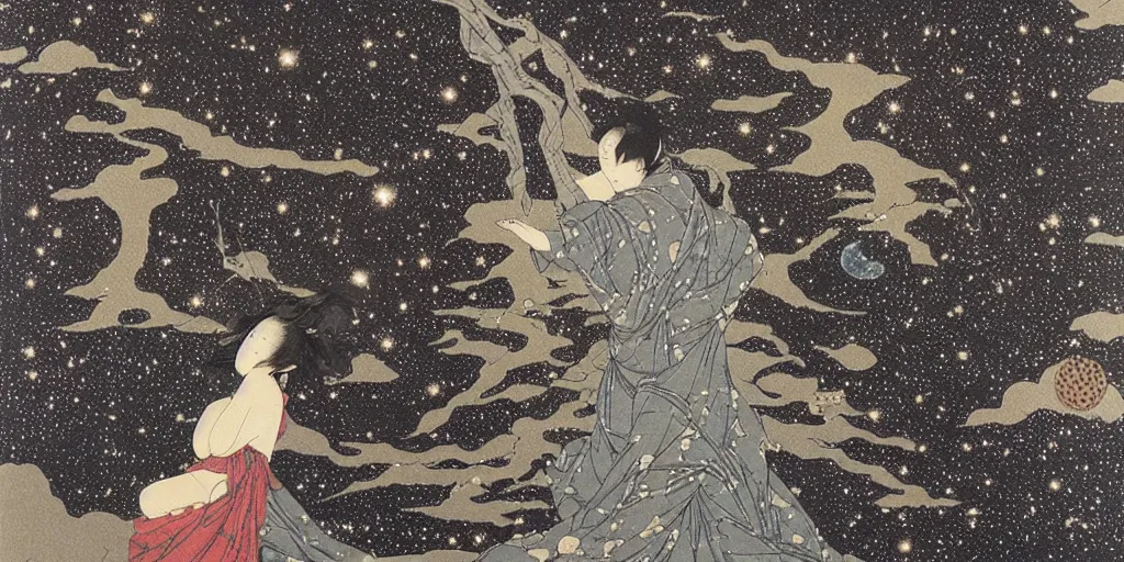 Image similar to stunning river landscape with sky full of galaxies by takato yamamoto